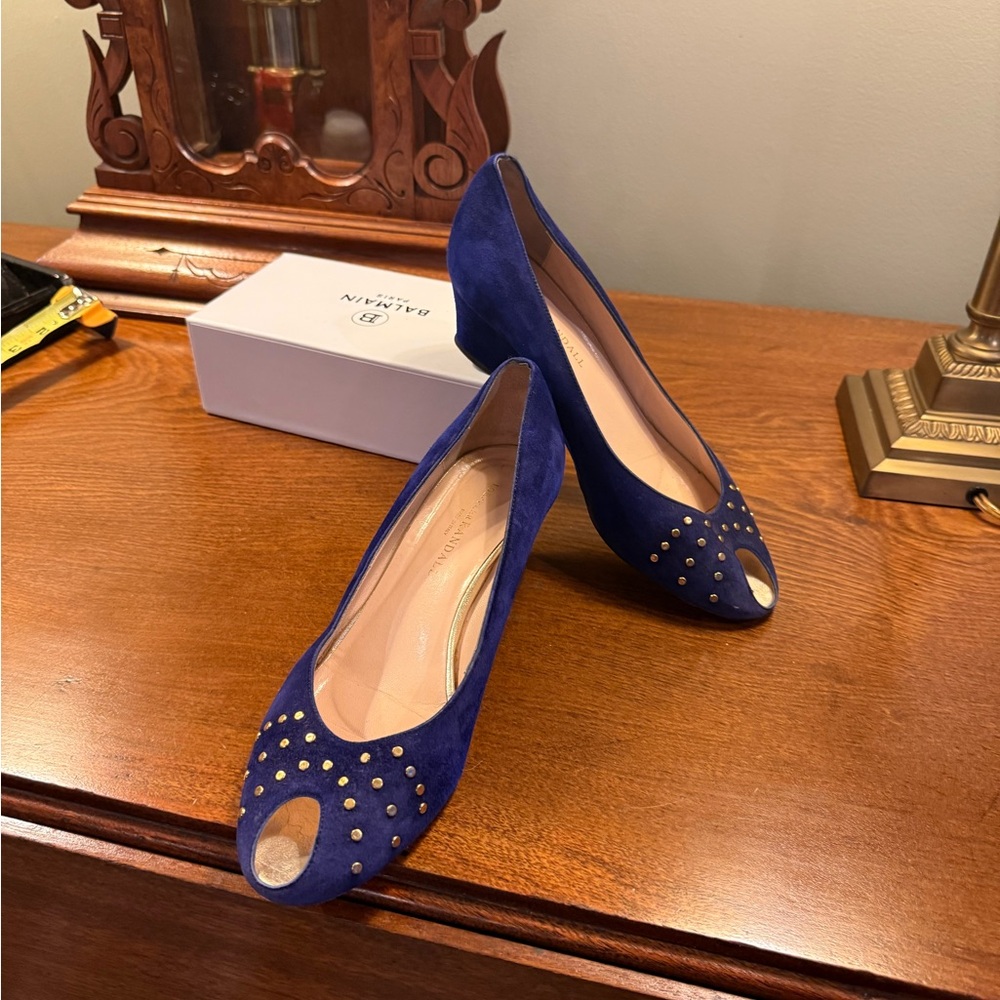 Loeffler Randall Blue Suede Leather Peep Toe 2” wedges w/ Gold Studs Size 9.5 - Picture 12 of 13